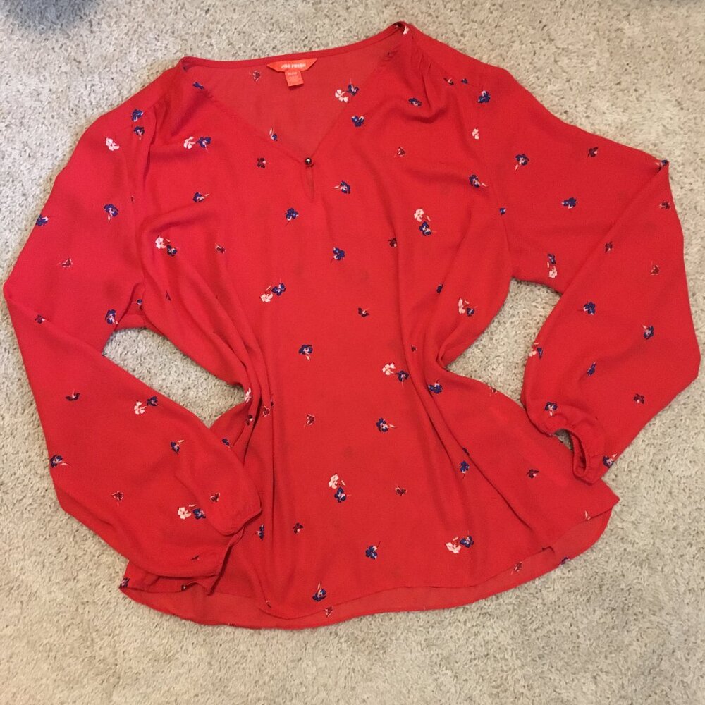 Joe Fresh Poppy Red Sheer Floral Blouse Peasant Sleeve V-Neck XL - Picture 13 of 16